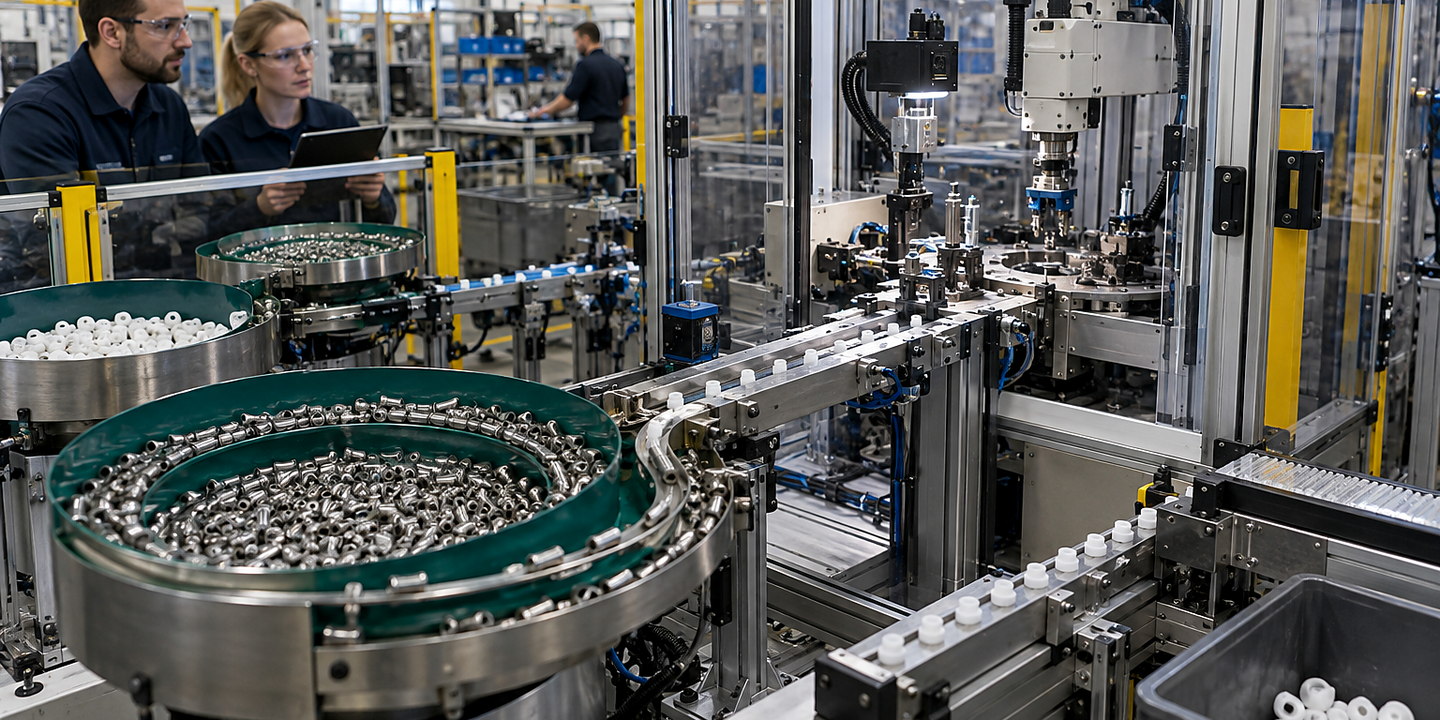 A vibratory or step feeder supplying correctly oriented fasteners through a track to an operating assembly cell.